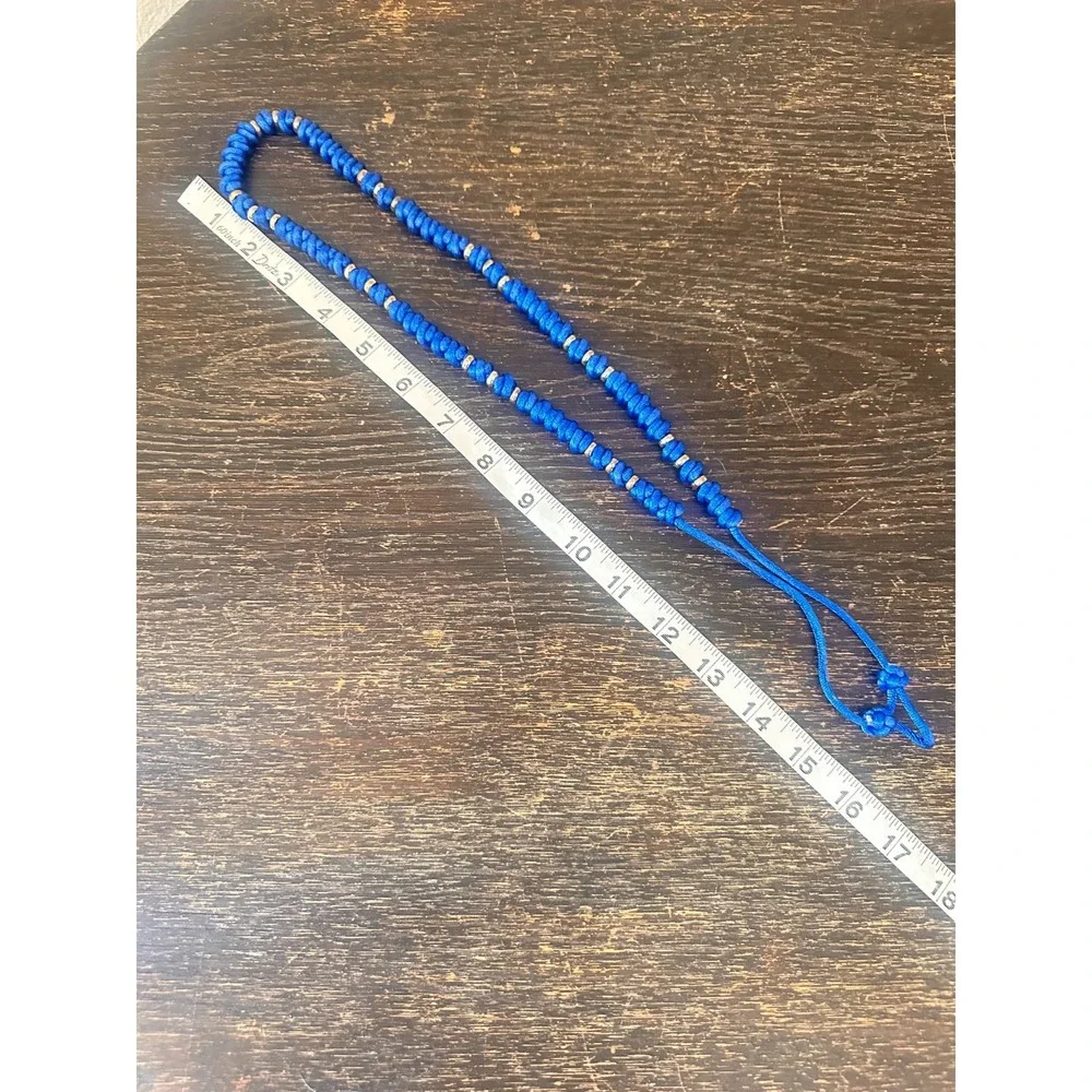 Blue Knotted Cord Necklace Silver Tone Spacer Beads Boho Festival Statement Gift